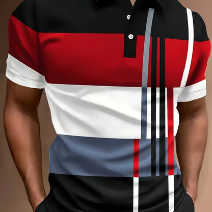 2024 Men'S Casual Geometric Print Knit Polo-Style Shirt with Lapel Collar and Slight Stretch - 100% Polyester Material - Regular Fit