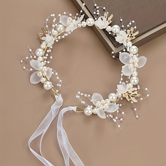 Faux Pearl Flower Beaded Headband Exquisite Flower Ring Wedding Bridal Headpiece Tulle Bandage Hair Accessories