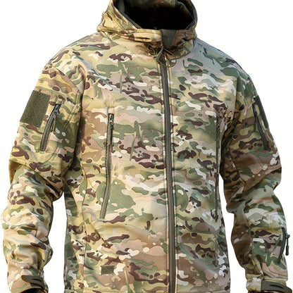 Men's Camouflage Printed Jacket, Softshell Hooded Outdoor Sports Coat, Hiking Casual Garment