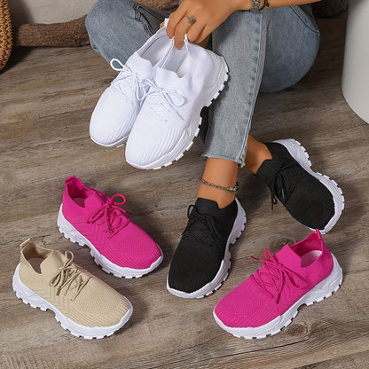 Women's Solid Color Fashion Sneakers - Casual Breathable Mesh Running Shoes with Lace-up Closure, Comfortable All-Season Walking Shoes with Anti-Slip PVC Sole, Low Top Design - Taizhou Exclusive