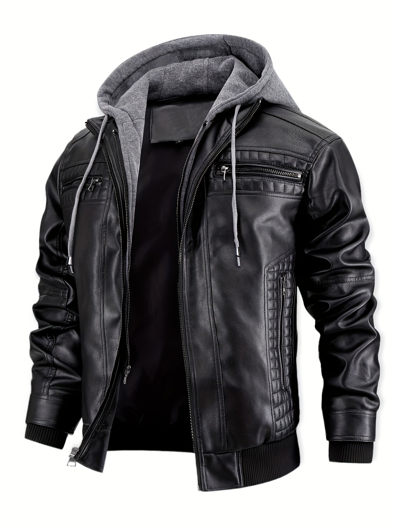 Men's Casual Stand Collar PU PU Leather Zip-Up Motorcycle Bomber Jacket with Removable Hood