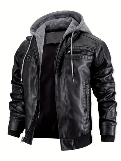 Men's Casual Stand Collar PU PU Leather Zip-Up Motorcycle Bomber Jacket with Removable Hood