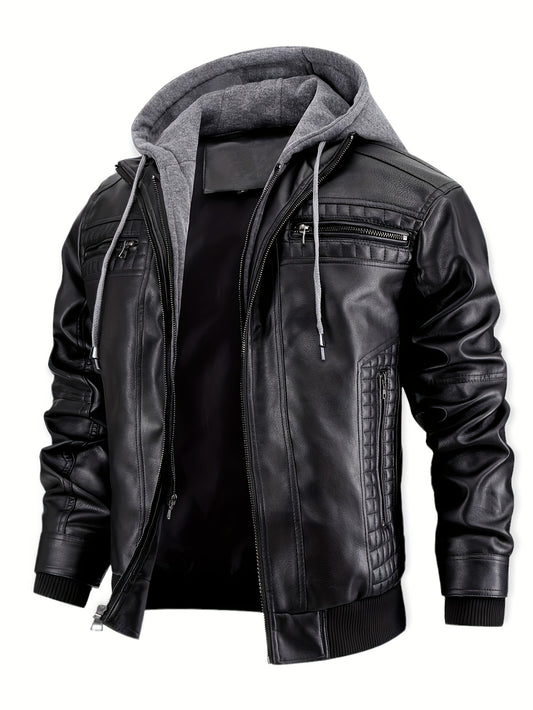 Men's Casual Stand Collar PU PU Leather Zip-Up Motorcycle Bomber Jacket with Removable Hood