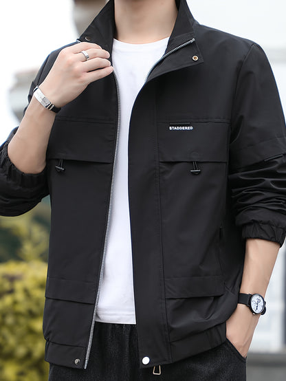 Home Relaxation| Men's Iron Wood OBM Cargo Jacket - Beige Long Sleeve, Stand Collar, Durable Polyester Blend, Zip-Up Outdoor Coat with Multiple Pockets for Casual & Outdoor Wear in Fall/Winter
