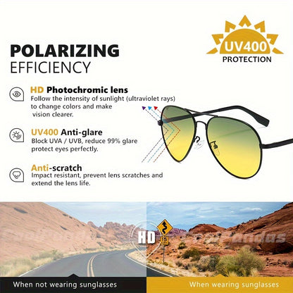 Stylish Pilot Glasses with Polarized And Photochromic Lenses for Driving Both Day And Night.