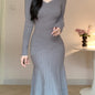 Long Sleeve V-Neck Knit Dress, Polyester, Polyamide, Viscose Blend, Middle Eastern Style, Autumn/Winter, Floor-Length, A-Line, Hand Wash Or Dry Clean