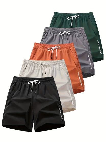 Polyester Non-Stretch Sports Style 5pcs 120g Alphabet Printed Shorts for Men, Loose Fit, Casual Wear, No Pocket, Not Waterproof, Basket Ball Sport