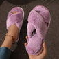 Cozy Crisscross Band Plush Indoor Slippers, Soft Sole Fuzzy Shoes, Non Slip Home Floor Slippers with Leopard Print