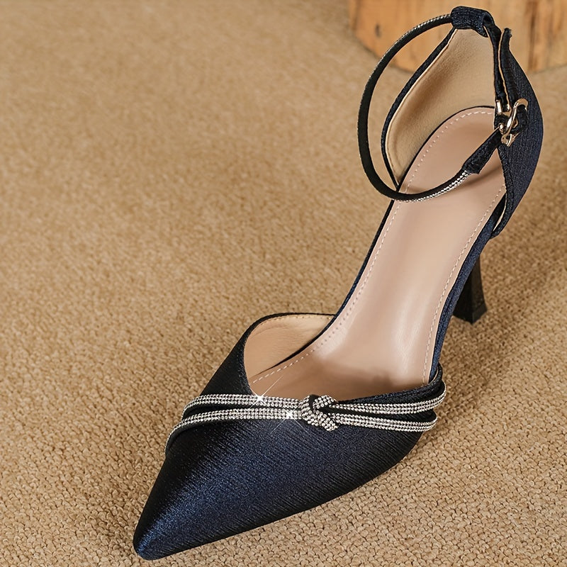 Stylish Rhinestone Decor Women's Stiletto Heels, Fashion Pointed Toe Dress Pumps with Buckle Strap