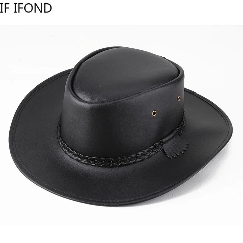 High Quality Men Western Cowboy Hat 2021 Faux Leather Gentleman Jazz Vintage Cap Autumn Winter Sombrero Hombre Caps