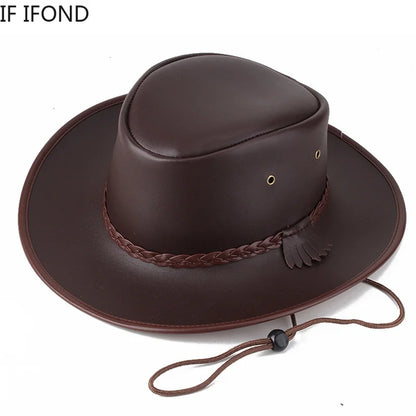 High Quality Men Western Cowboy Hat 2021 Faux Leather Gentleman Jazz Vintage Cap Autumn Winter Sombrero Hombre Caps