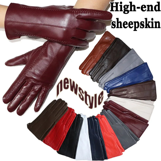 Women's Sheepskin Gloves Winter Warmth Plus Velvet Short Thin Touch Screen Driving Female Color Leather Gloves New High-end 2024