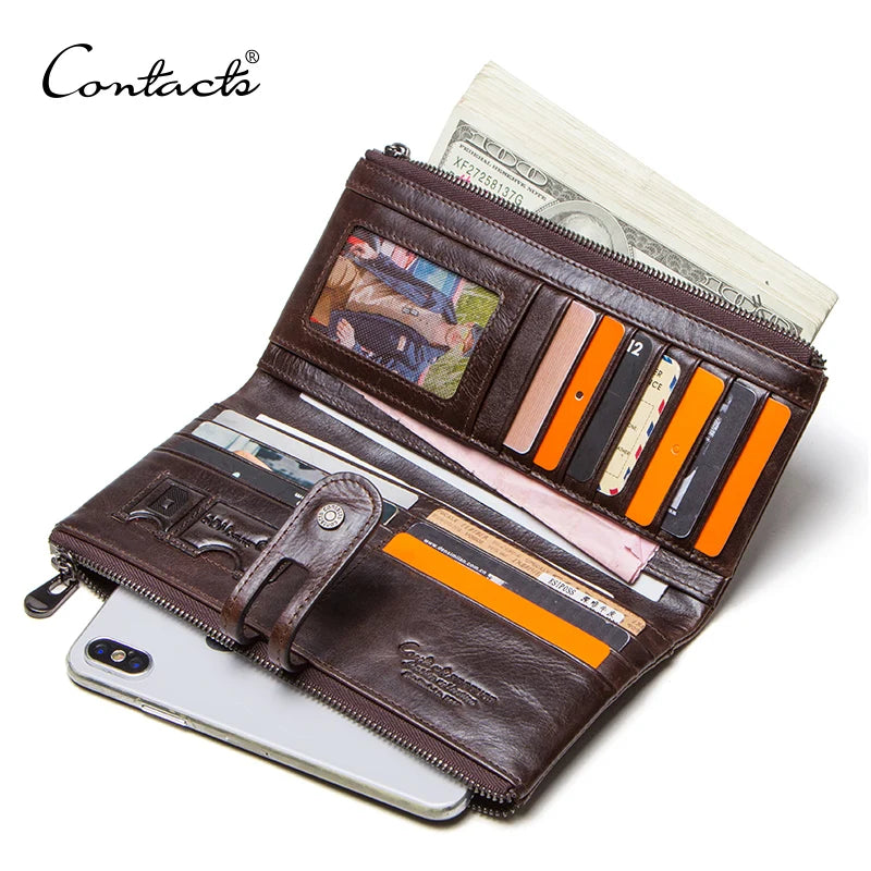 CONTACT'S Men Clutch Wallet Genuine Leather Long Wallet Hasp Card Holder Vintage Male Zipper Coin Purse Money Bag Portemonnee