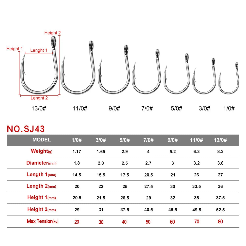 Seawater corrosion protection Fishing Hook Size 1/0-13/0# Ring eye Japan Fishhooks Fishing Hooks Single Jig Fish Hook Tackle