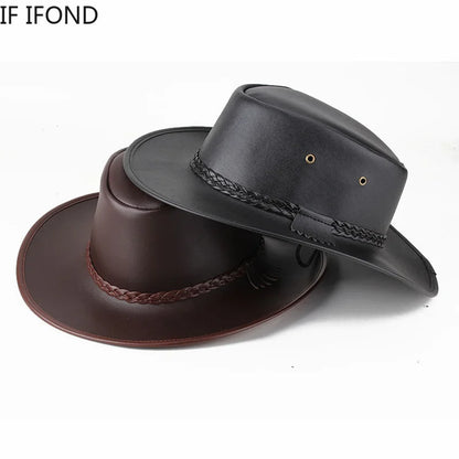 High Quality Men Western Cowboy Hat 2021 Faux Leather Gentleman Jazz Vintage Cap Autumn Winter Sombrero Hombre Caps