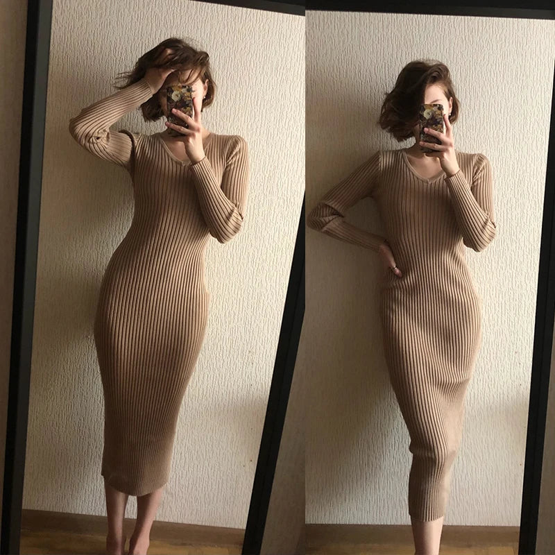 SINGREINY Women Autumn Knitted Dress V Neck Sexy Slim Elastic Oversized Basic Bodycon Sweater Dress Winter knit Warm Long Dress