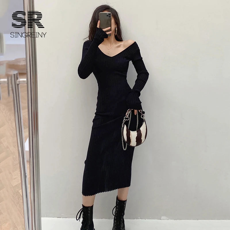 SINGREINY Women Autumn Knitted Dress V Neck Sexy Slim Elastic Oversized Basic Bodycon Sweater Dress Winter knit Warm Long Dress