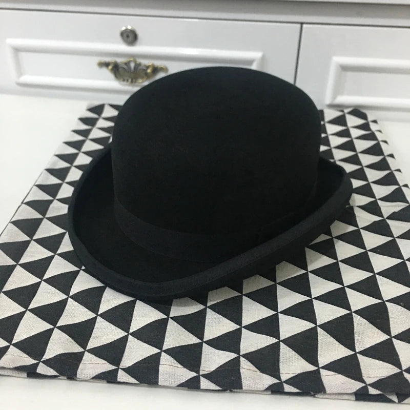 Wool Bowler Hat luxury felt billycock hats for men with belt rolled brim casquette men's cap