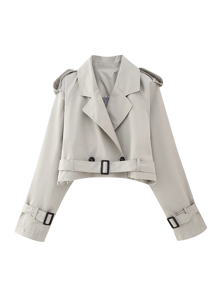 Willshela Women Fashion With Belt Cropped Trench Jacket Vintage Notched Neck Long Sleeve Female Chic Lady Coat Outfits