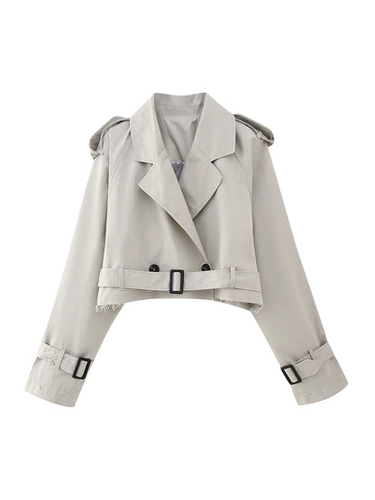 Willshela Women Fashion With Belt Cropped Trench Jacket Vintage Notched Neck Long Sleeve Female Chic Lady Coat Outfits