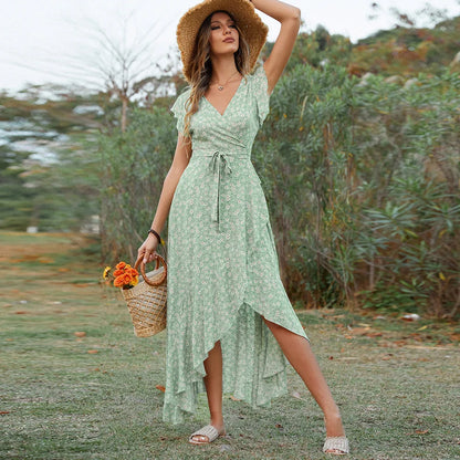 New Style Elegant Long Dress Women's Short-sleeved V-neck Bohemian Strappy Holiday Dress