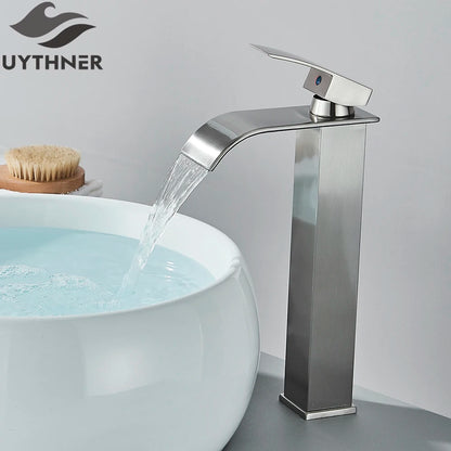 Brushed Golden Basin Faucets Elegant Waterfall Bathroom Sink Faucet Single Lever Hole Deck Mount Brass  Mixer Taps