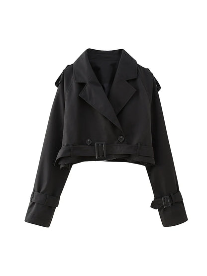 Willshela Women Fashion With Belt Cropped Trench Jacket Vintage Notched Neck Long Sleeve Female Chic Lady Coat Outfits