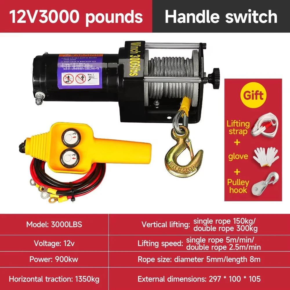 4000lbs Electric Recovery Winch Kit ATV Trailer Truck Car DC 12V Remote Control Hoist Winch Block Mud Rescue Beach Hauling Tool