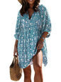 Plus size women's bohemian style dress, floral print V-neck seven quarter sleeve loose dress