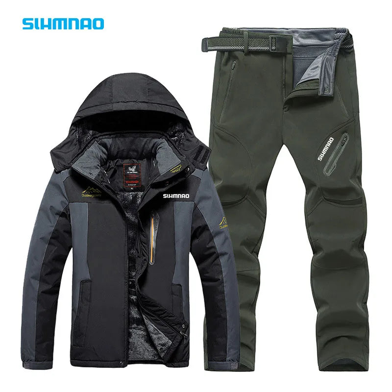 2024Fishing jacket, winter and autumn warm and waterproof ski suit, hiking and hunting pants, multi pocket men's fishing suit