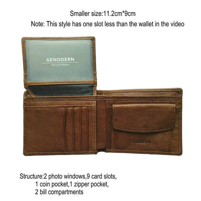 GENODERN Cow Leather Men Wallets with Coin Pocket Vintage Male Purse RFID Blocking Genuine Leather Men Wallet with Card Holders