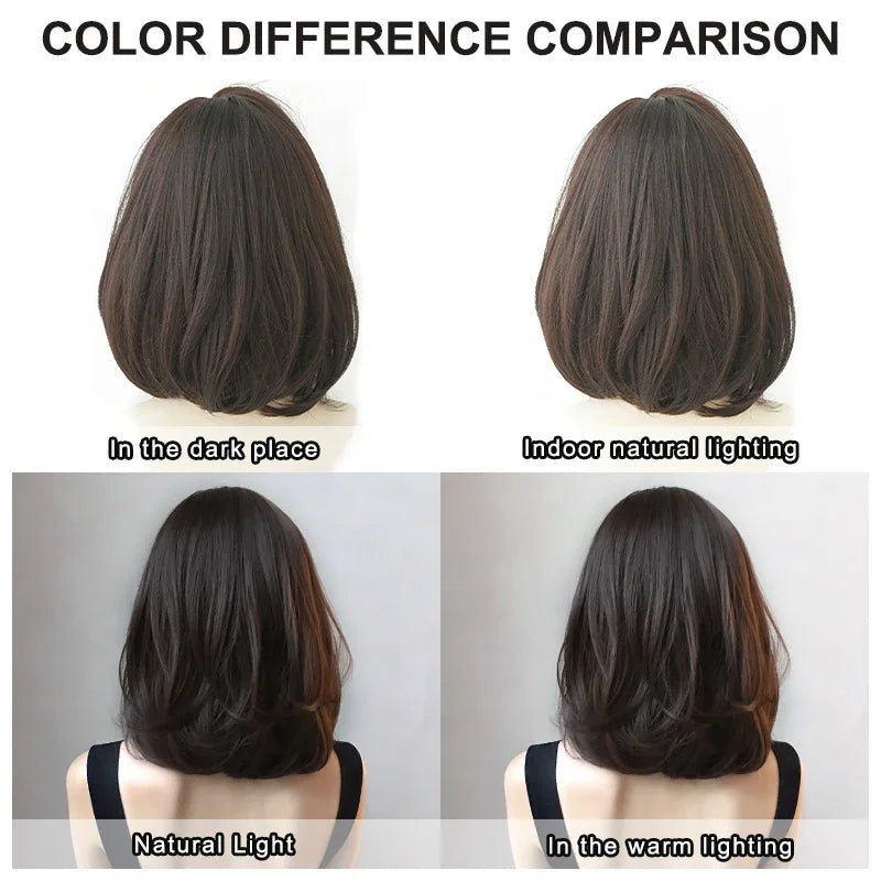 7JHH WIGS Short Straight Chocolate Bob Wig for Women Daily High Density Synthetic Layered Brown Hair Wigs with Neat Bangs