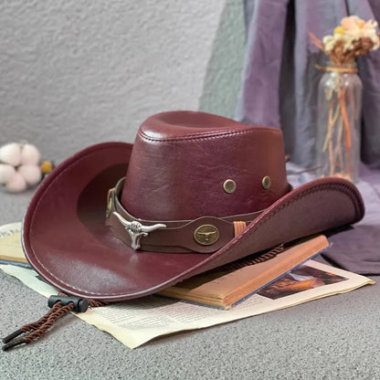Faux Leather Western Cowboy Hats For Women Men Vintage Gentleman Dress Hats Panama Cowgirl Jazz Cap Sombrero Hombre