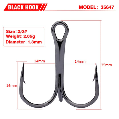 PROBEROS 20 PCS/Lot Black High Carbon Treble Hooks Super Sharp Solid Size 2#-14# Triple Barbed Steel Fish Hook Wholesale