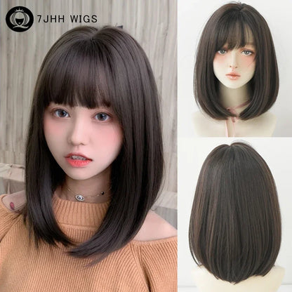 7JHH WIGS Short Straight Chocolate Bob Wig for Women Daily High Density Synthetic Layered Brown Hair Wigs with Neat Bangs