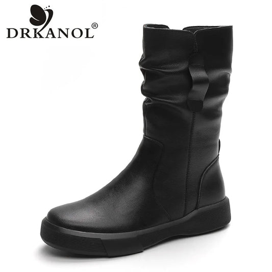 DRKANOL Fashion Women Boots Autumn Winter Plush Warm Mid Calf Boots Round Toe Zipper Pleated Thick Bottom Leather Cotton Boots