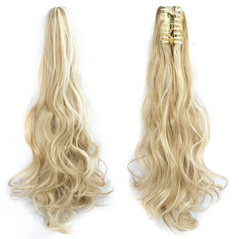 Synthetic Long Wavy Ponytail Ash Blonde Color Drawstring Ponytail Clip-on Hair Extensions For Women Black Blond Daily Use