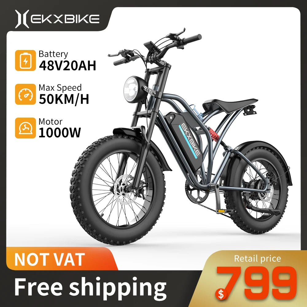 EKX T1 Electric Bike 20‘’*4.0 Fat Tires 1000W Motor 48V20AH Lithium Battery Road Electric Bicycle For Adults Mountain E-Bike MTB