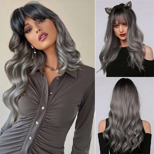 Long Wavy Silver Ash Ombre Cosplay Synthetic Wigs Natural Curly Gray Black Hair Wig with Bangs for Women Afro Heat Resistant