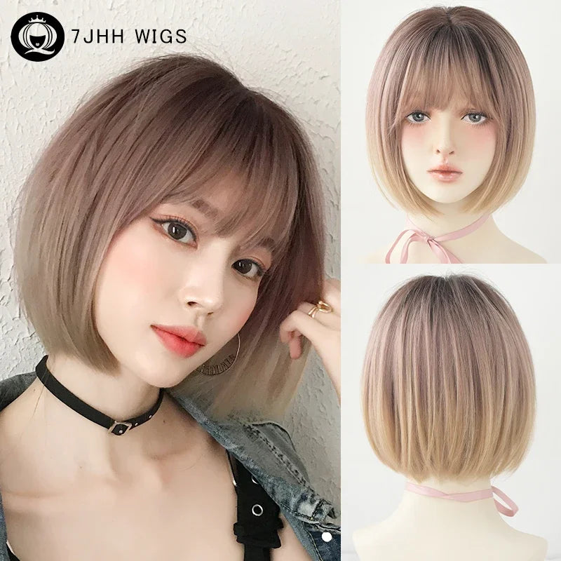 7JHH WIGS Short Straight Chocolate Bob Wig for Women Daily High Density Synthetic Layered Brown Hair Wigs with Neat Bangs