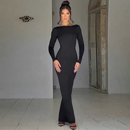 2025 New Spring Elegant Long Sleeve Backless Solid Cuched Sexy Bodycon Maxi Prom Dress Women Outfit Evening Party Festival Y2K
