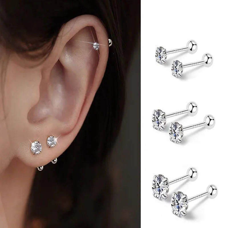 3Pairs Classic Round Zirconia Stud Earrings For Women, Stainless Steel Women's Cartilage, Tragus, Lobe, Daith Piercing Jewelry