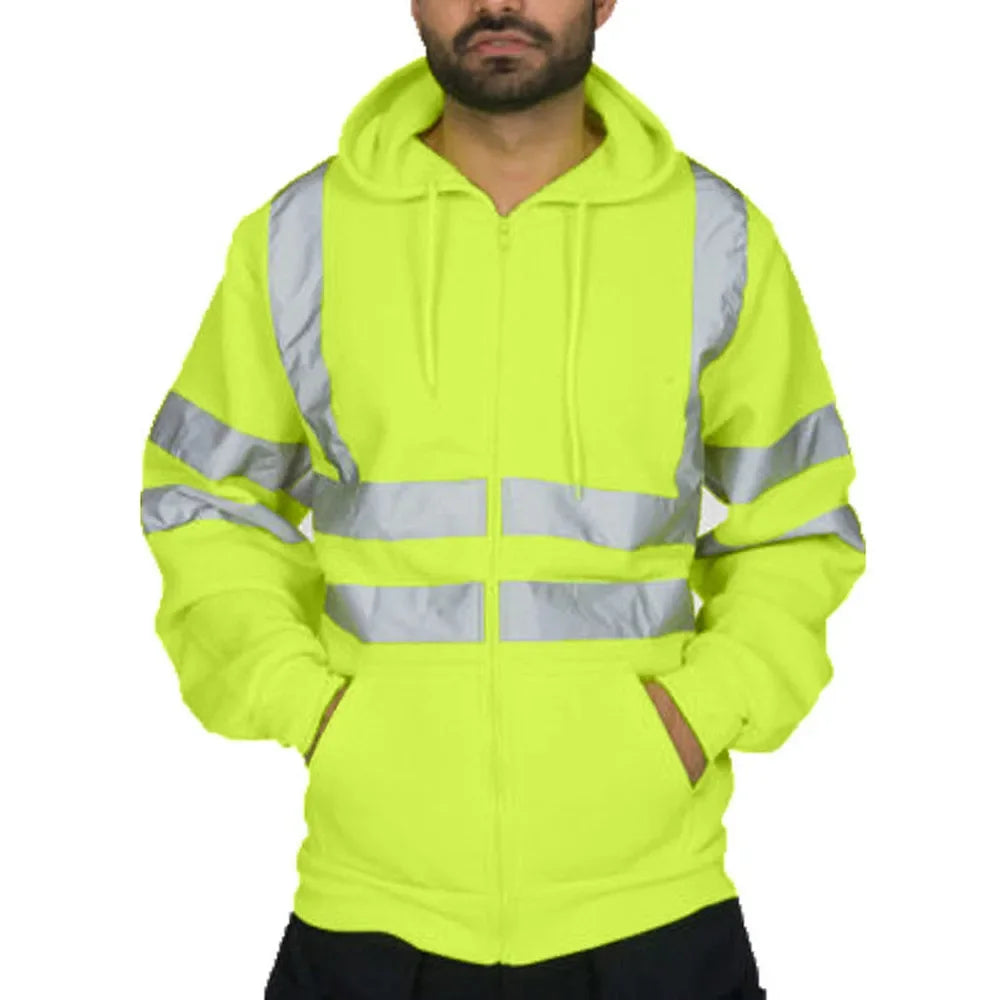 Men Reflective Strip Sanitation Overalls Fleece Hooded Jacket for Cold-Proof Outdoor Sweater Work Safety Coat Outdoor