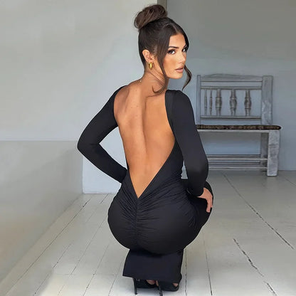 2025 New Spring Elegant Long Sleeve Backless Solid Cuched Sexy Bodycon Maxi Prom Dress Women Outfit Evening Party Festival Y2K