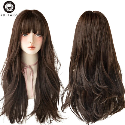 7JHH WIGS Popular Brown Ash Long Deep Wave Hair Lolita Wigs With Bangs Synthetic Wig For Women Fashion Thick Curls Wigs Girl