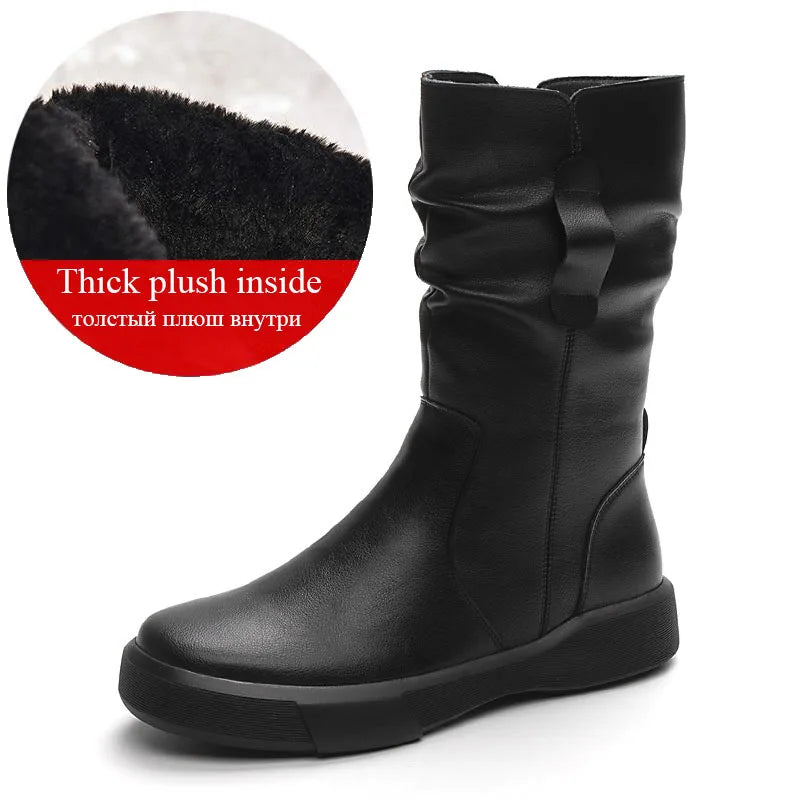 DRKANOL Fashion Women Boots Autumn Winter Plush Warm Mid Calf Boots Round Toe Zipper Pleated Thick Bottom Leather Cotton Boots