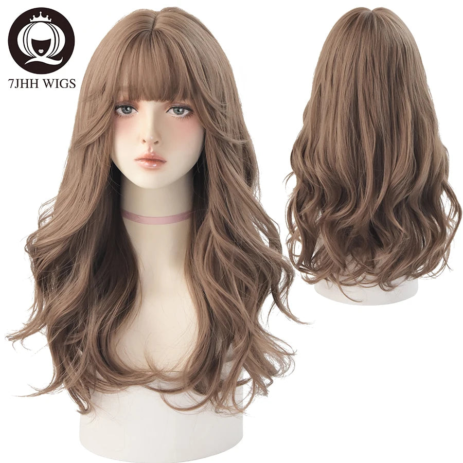 7JHH WIGS Popular Brown Ash Long Deep Wave Hair Lolita Wigs With Bangs Synthetic Wig For Women Fashion Thick Curls Wigs Girl