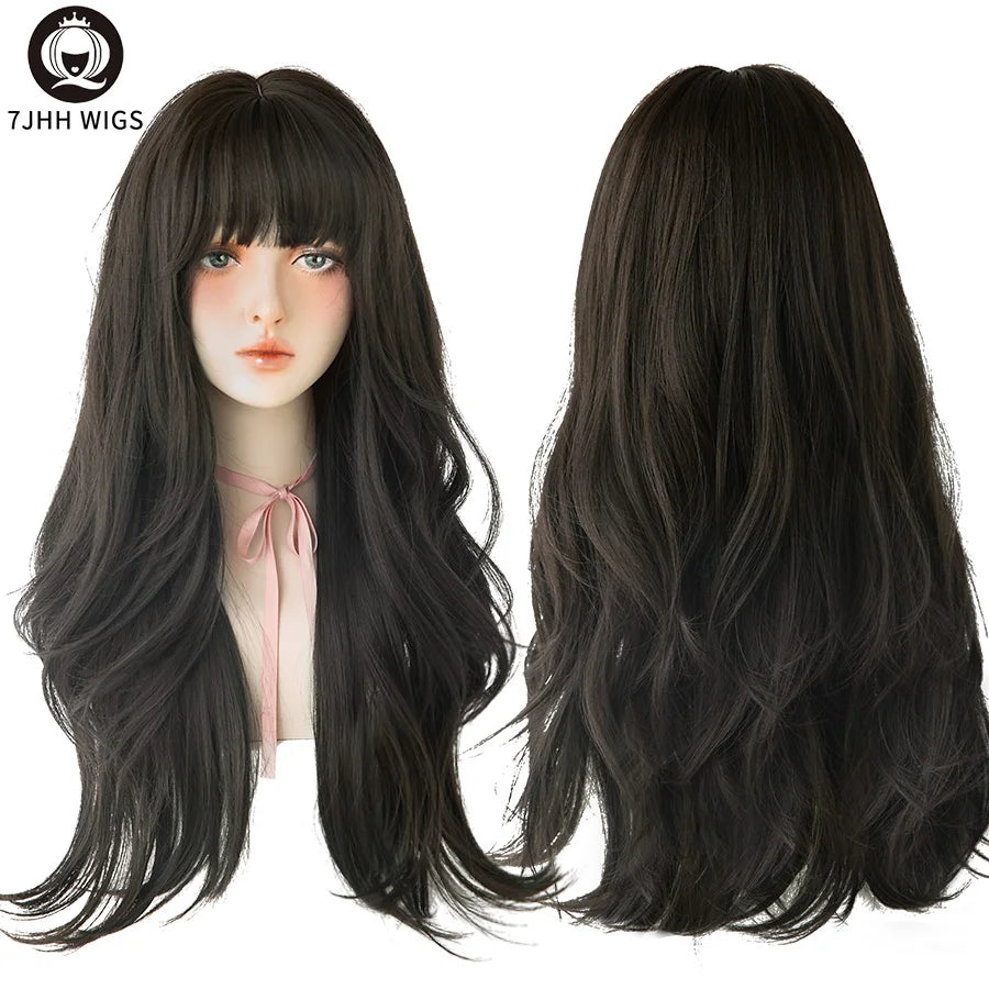 7JHH WIGS Popular Brown Ash Long Deep Wave Hair Lolita Wigs With Bangs Synthetic Wig For Women Fashion Thick Curls Wigs Girl