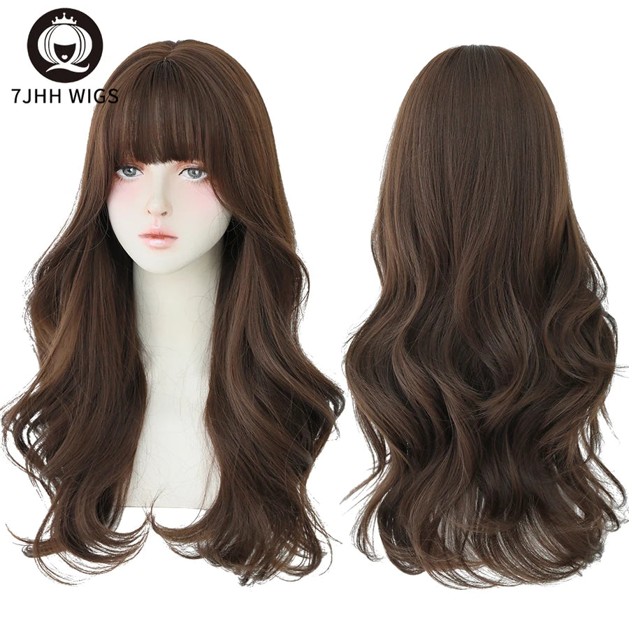 7JHH WIGS Popular Brown Ash Long Deep Wave Hair Lolita Wigs With Bangs Synthetic Wig For Women Fashion Thick Curls Wigs Girl