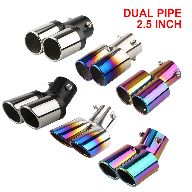 1PCS 2.5" Inlet Car Auto Exhaust Muffler Tip Stainless Steel Dual Pipe Trim Modified Car Rear Tail Throat Liner For Most Cars